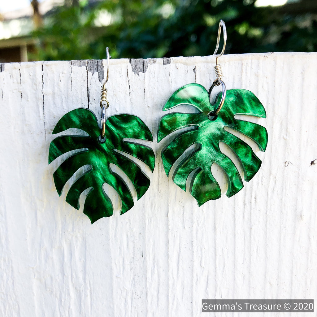 Iridescent Green Monstera Earrings - Made in Hawaii-accessories, earrings, Hawaii, jewelry, Made in the USA-Womens Artisan USA American Made Clothing Accessories