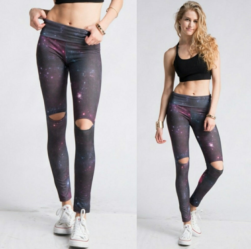 Galaxy Yoga Fold Band Leggings-Bottoms, Leggings, Loungewear, Made in the USA-Womens Artisan USA American Made Clothing Accessories