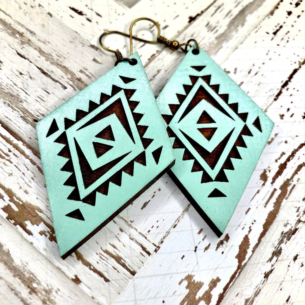 Grace Turquoise Diamond Wood Earrings-accessories, Artisan Made, Earrings, jewelry, Turquiose, Wooden Earrings-Womens Artisan USA American Made Clothing Accessories